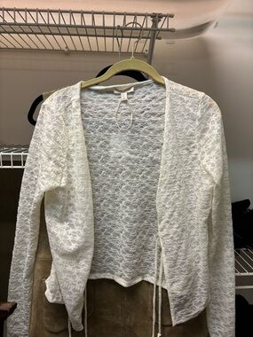 See You Monday White Lace Open-Front Tie Cardigan